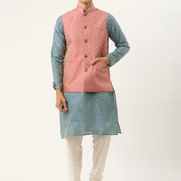 SOJANYA Men Blue Ethnic Motifs Kurta with Churidar & Nehru Jacket-40