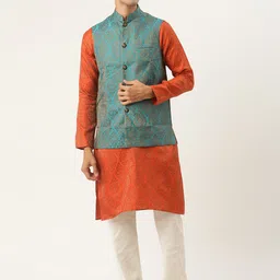 SOJANYA Men Orange Ethnic Motifs Kurta with Churidar & Nehru Jacket-46