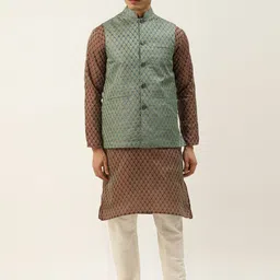 SOJANYA Men Maroon & Beige Ethnic Motifs Kurta with Churidar & Nehru Jacket-image-75