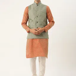 SOJANYA Men Orange Ethnic Motifs Jacquard Silk Kurta with Churidar & Nehru Jacket-image-44