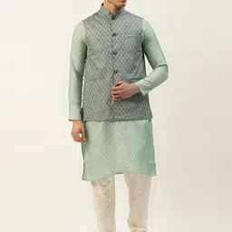 SOJANYA Men Green & Off-White Ethnic Motifs Kurta with Churidar & Nehru Jacket-5