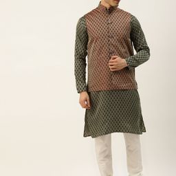 SOJANYA Men Olive Green & Rust Red Jacquard Ethnic Motifs Straight Kurta with Churidar-32