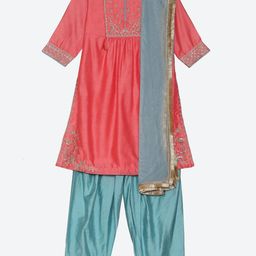 Biba Girls Coral Floral Yoke Design Pleated Sequinned Kurta with Palazzos & With Dupatta-image-36