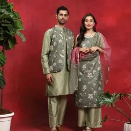 AKS Floral Printed Mirror Work Straight Chanderi Silk Kurta With Palazzos & Dupatta-picture-1