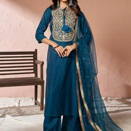 Inddus Floral Yoke Design Regular Pure Silk Kurta with Palazzos & Dupatta-picture-18