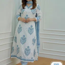 Arayna Ethnic Motifs Printed Pure Cotton Kurta With Salwar & Dupatta-picture-23