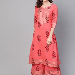 Idalia Women Coral Floral Printed Regular Gotta Patti Pure Cotton Kurta with Palazzos-image-100
