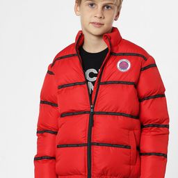 Jack & Jones Junior Boys Red Black Striped Puffer Jacket-image-82