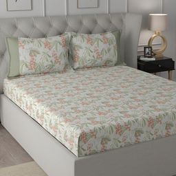 MASPAR Red & Green Floral Printed 200TC Cotton King Bedsheet With Pillow Cover-picture-0