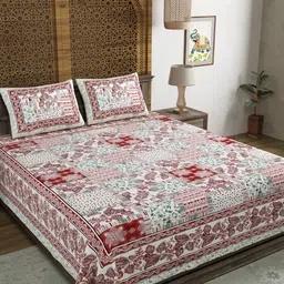 Sangria Red & White Floral Printed Cotton 210 TC King Bedsheet With 2 Pillow Covers-image-33