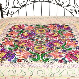 Exotic India White & Green Ethnic Motifs Cotton 300 TC Queen Bedsheet-13