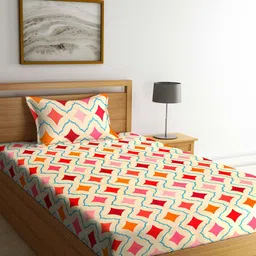 KLOTTHE Cream Coloured & Blue Geometric Printed 300TC Single Bedsheet With 1 Pillow Cover-image-22