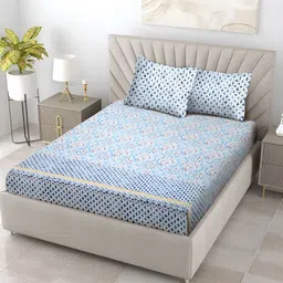 TARAN LIVING Blue Geometric Printed 130 TC Cotton King Bedsheet with 2 Pillow Covers-image-76