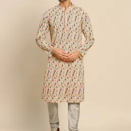 KISAH Men Multicoloured Floral Embroidered Panelled Kurti with Pyjamas-24