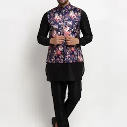 Benstoke Men Black Floral Printed Layered Dupion Silk Kurta with Pyjamas-picture-52