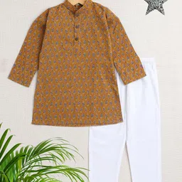 The Magic Wand Boys Floral Printed Mandarin Collar Pure Cotton Straight Kurta With Pyjamas-37