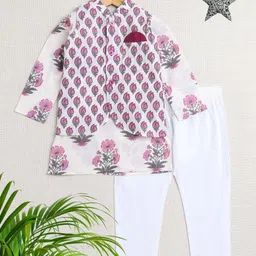 The Magic Wand Boys Floral Printed Pure Cotton Straight Kurta With Pyjamas & Nehru Jacket-picture-13