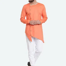 RG DESIGNERS Men Peach-Coloured Angrakha Pure Cotton Kurta with Pyjamas-picture-8