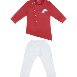 Superminis Boys Red Angrakha Pure Cotton Kurta with Pyjamas-image-90