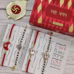 EL REGALO Set Of 4 Red & Gold Coloured Evil Eye Wrap Around Rakhi With Roli Chawal & Raksha Bandhan Greeting Card-13