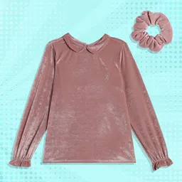 U.S. Polo Assn. Kids Girls Dusty Pink Peter Pan Collar Velvet Top with Scrunchie-picture-16