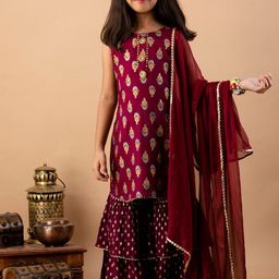 BAESD Girls Ethnic motifs Printed Regular Gotta Patti Kurta With Sharara & Dupatta-picture-5