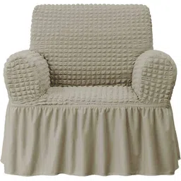 Cortina Beige Self Design Stretchable 1-Seater Sofa Cover with Skirt-image-95