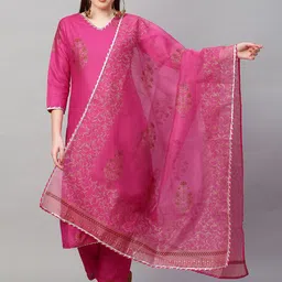 KALINI Women Pink Floral Printed Gotta Patti Kurta with Trousers & With Dupatta-picture-14