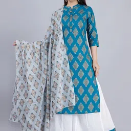 MAUKA Women Teal Printed Pure Cotton Kurta with Palazzo & Dupatta-3