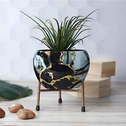 Homspurts Black & Gold Toned Resilient Metal Apple Bowl Planter With Stand-45