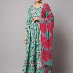 Meeranshi Round Neck Floral Printed Pure Cotton Anarkali Kurta & Trousers With Dupatta-picture-0