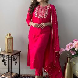 KALINI Floral Yoke Design Sequinned Kurta With Trousers & Dupatta-image-86