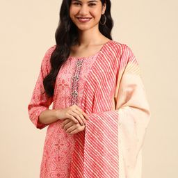 SHOWOFF Women Coral Bandhani Printed Beads and Stones Kurta with Trousers & Dupatta-picture-12