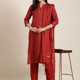 SHOWOFF Striped Mandarin Collar Gotta Patti Straight Kurta With Trousers & Dupatta-28