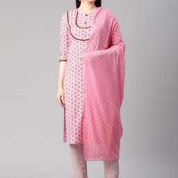 Sringam Women Pink Ethnic Motifs Regular Pure Cotton Kurta with Trousers & Dupatta-25