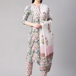 Sringam Women Blue Floral Printed Pure Cotton Kurta with Trousers & With Dupatta-image-14