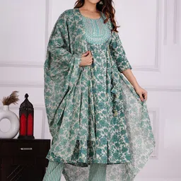 KALINI Floral Printed Thread Work Pure Cotton Anarkali Kurta with Trousers and  Dupatta-picture-14