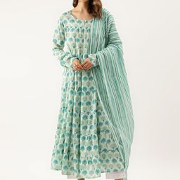 Divena Women Green Floral Printed Regular Pure Cotton Kurta with Trousers & With Dupatta-picture-3