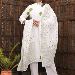 PARTHVI Women Printed Regular Thread Work Pure Cotton Kurta with Trousers & With Dupatta-2