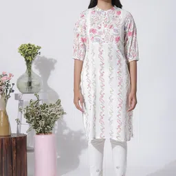 W Floral Printed Mandarin Collar Puffed Sleeves Regular Pure Cotton Kurta With Trousers-image-23