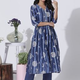 W Floral Printed Thread Work Pure Cotton Anarkali Kurta with Trousers-13