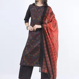 Vishudh Women Black Ethnic Motifs Printed Pure Cotton Kurta With Trousers And Dupatta-picture-9