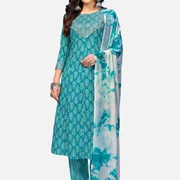 Vbuyz Women Blue Floral Printed Sequinned Pure Cotton Kurti with Trousers & With Dupatta-picture-21