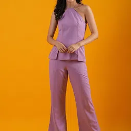 Globus Halter Neck Front Slits Moss Casual Crepe Top With Trousers-picture-27