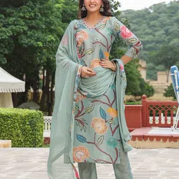 KALINI Floral Printed V-Neck Mirror Work Kurta with Trousers & Dupatta-picture-38