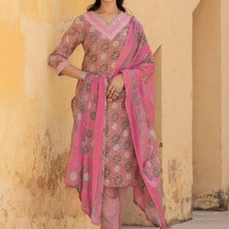 Varanga Women Floral Embroidered Regular Mirror Work Kurta with Trousers & With Dupatta-image-55