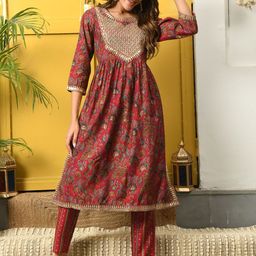 aaivan Floral Embroidered High Slit Thread Work Straight Kurta With Trousers-image-26