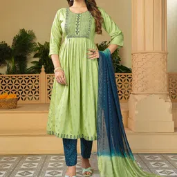 KALINI Floral Printed Regular Thread Work Kurta With Trousers & Dupatta-picture-3