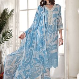 Anouk Blue Floral Printed Thread Work Straight Kurta With Trousers & Dupatta-image-65