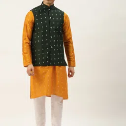 SOJANYA Men Orange Ethnic Motifs Kurta with Churidar & Nehru Jacket-20